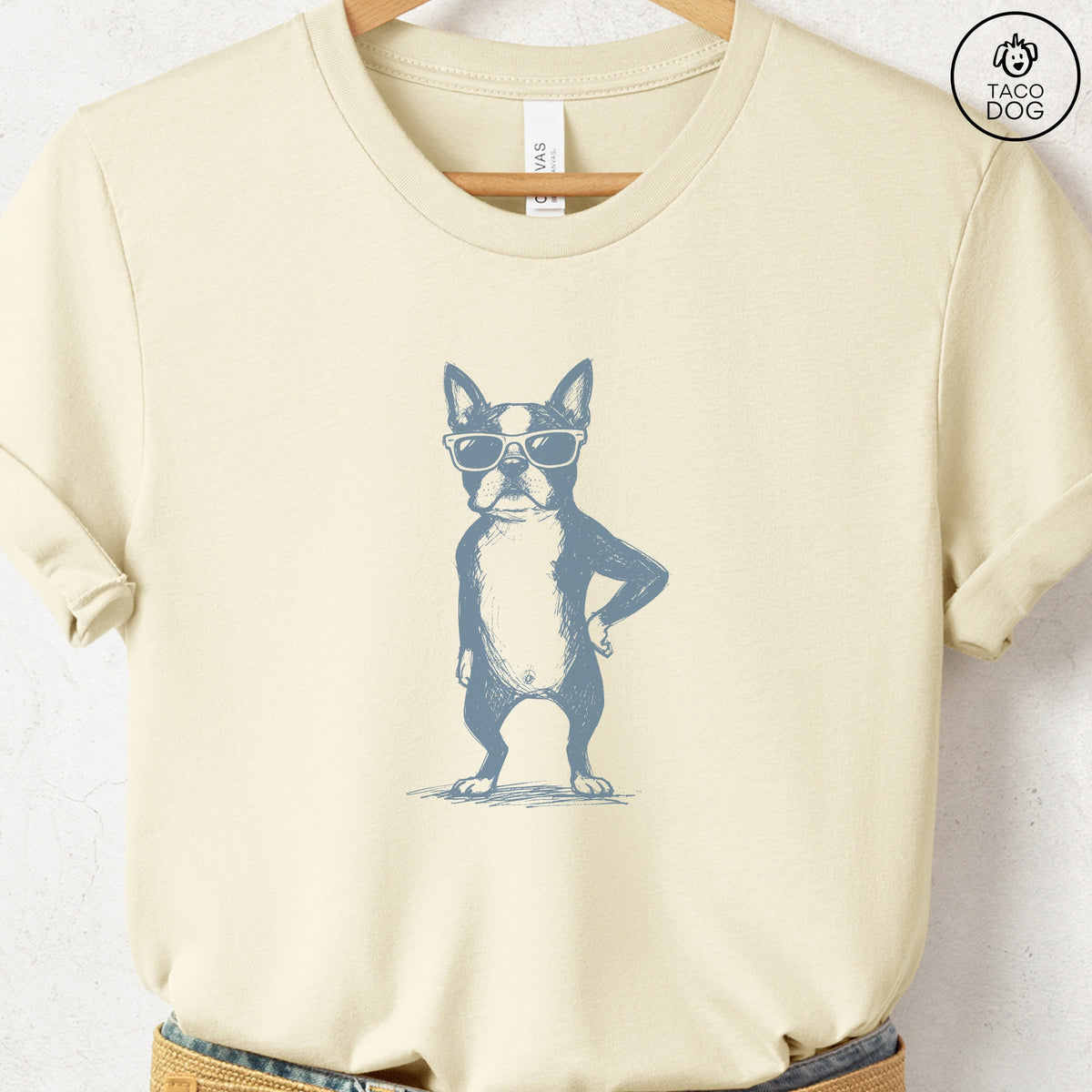 Boston Terrier Vintage Sunglasses TShirt, design close-up