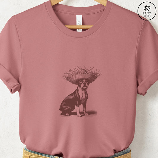 Boston Terrier Pava Jibaro Hat T-Shirt Heather Mauve Taco-Dog