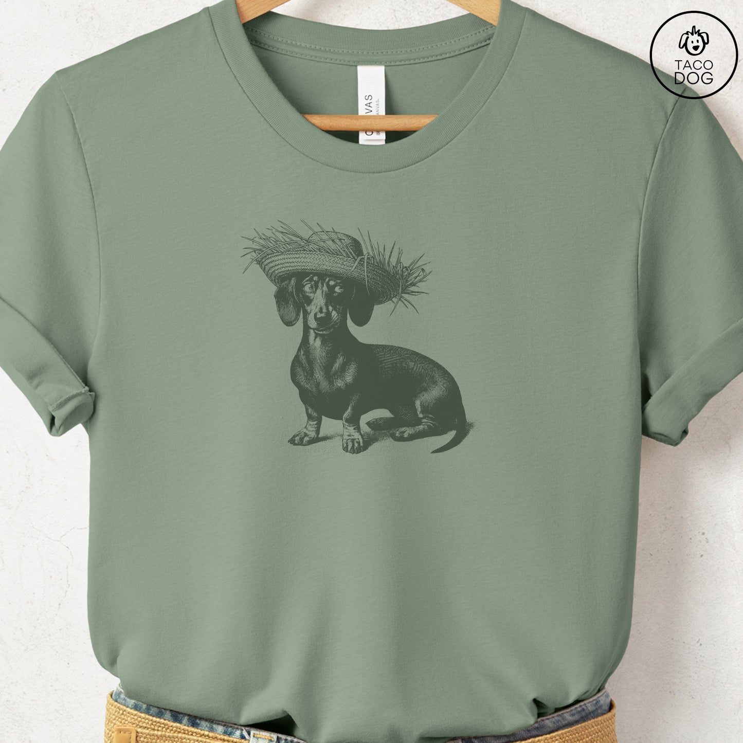 Dachshund Weenie Pava Jibaro Hat T-Shirt Sage Taco-Dog