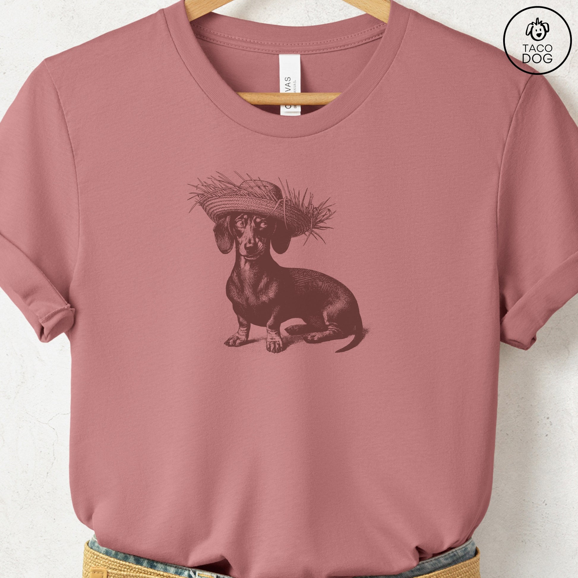 Dachshund Weenie Pava Jibaro Hat T-Shirt Heather Mauve Taco-Dog