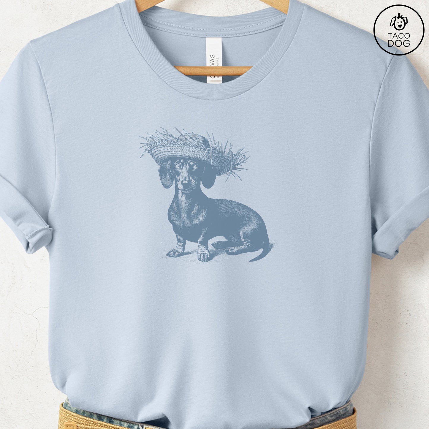 Dachshund Weenie Pava Jibaro Hat T-Shirt Light Blue Taco-Dog