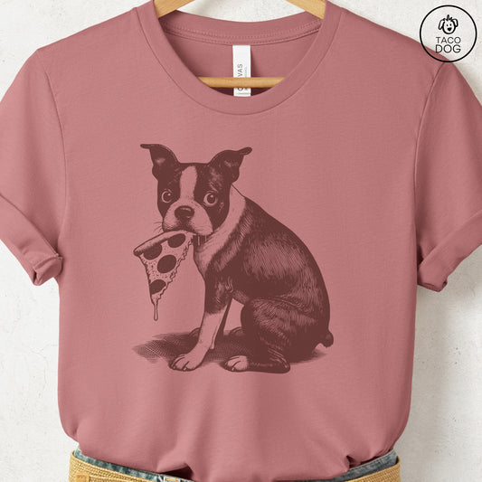Boston Terrier Pizza TShirt Heather Mauve Taco-Dog