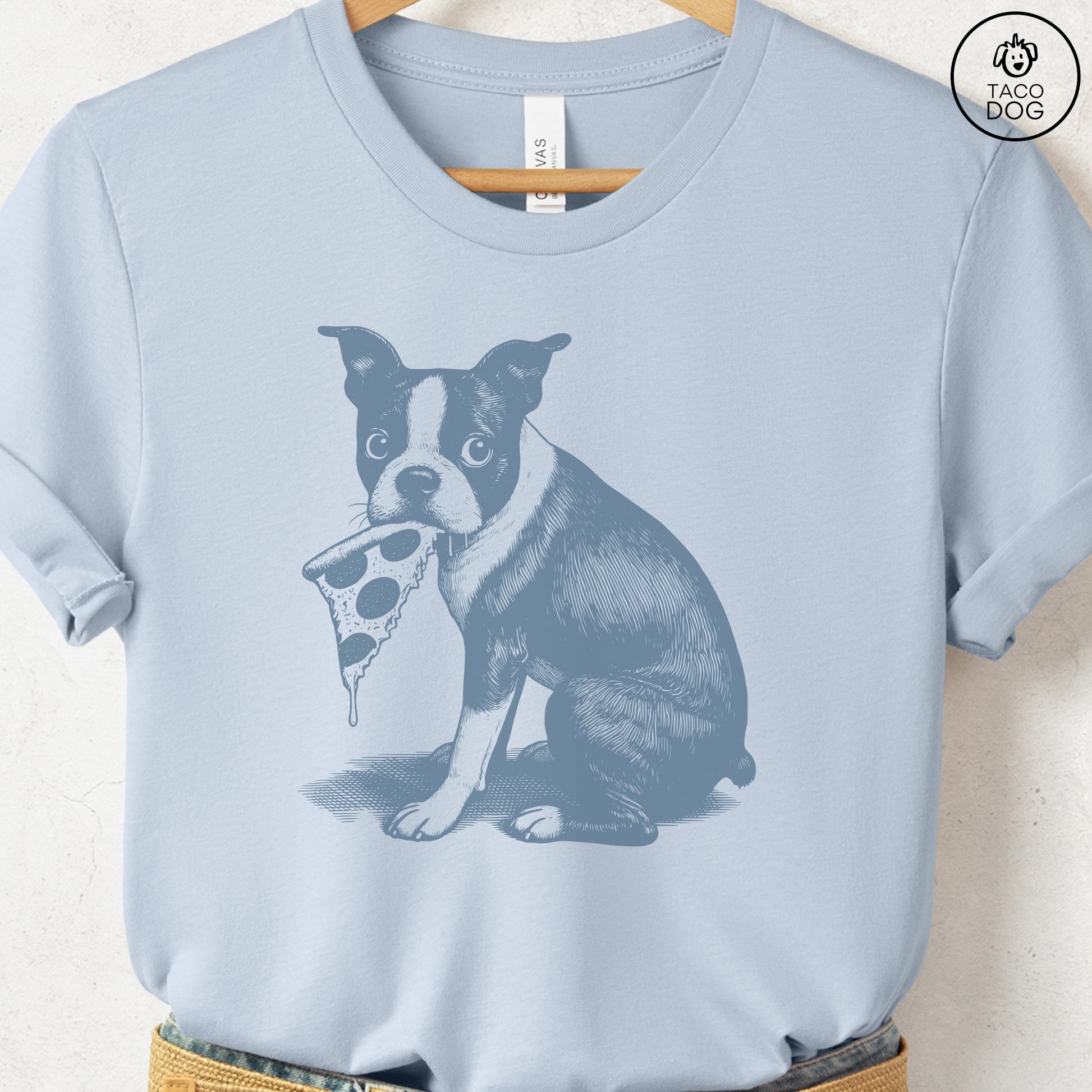 Boston Terrier Pizza TShirt Light Blue Taco-Dog