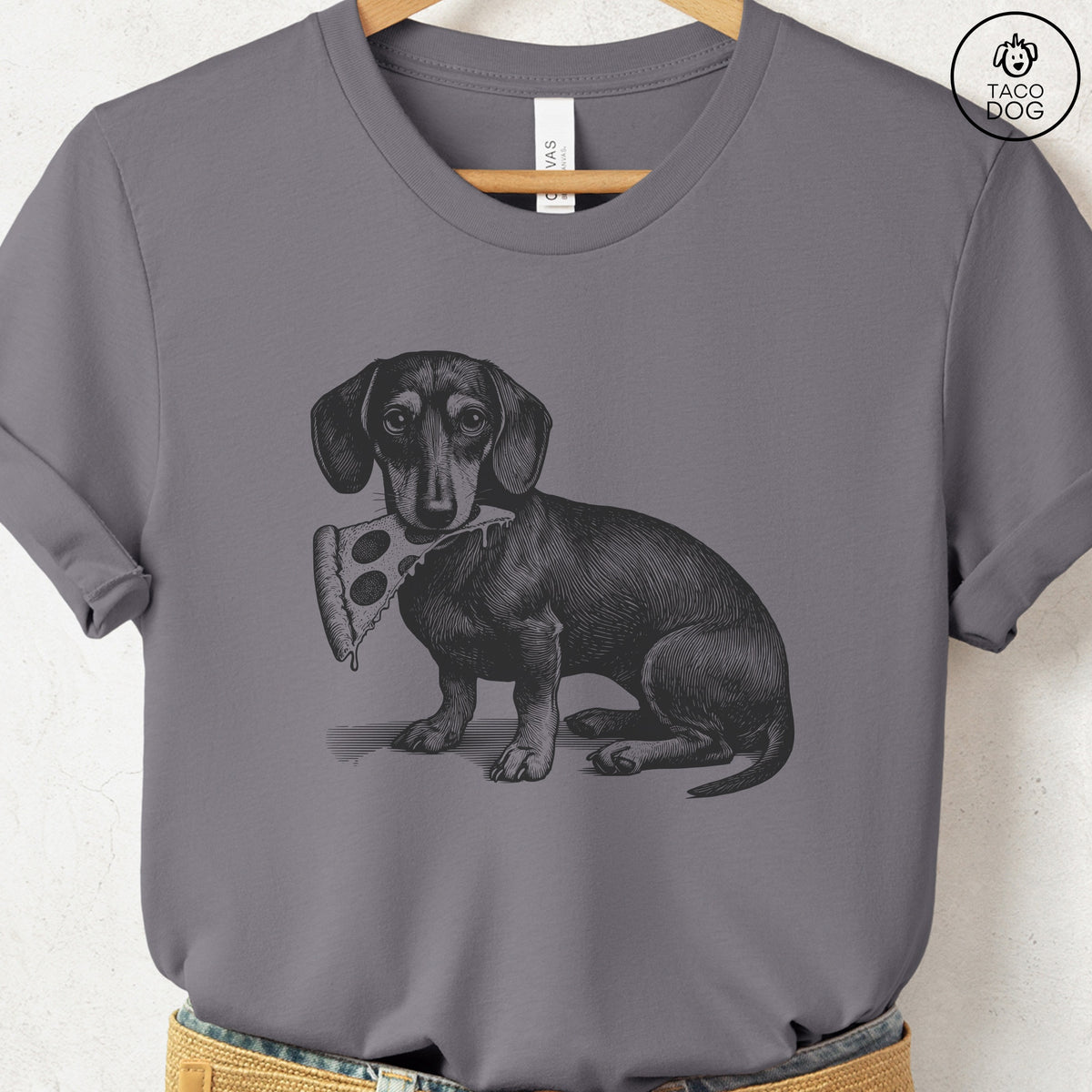 Dachshund Weenie Pizza TShirt, design close-up