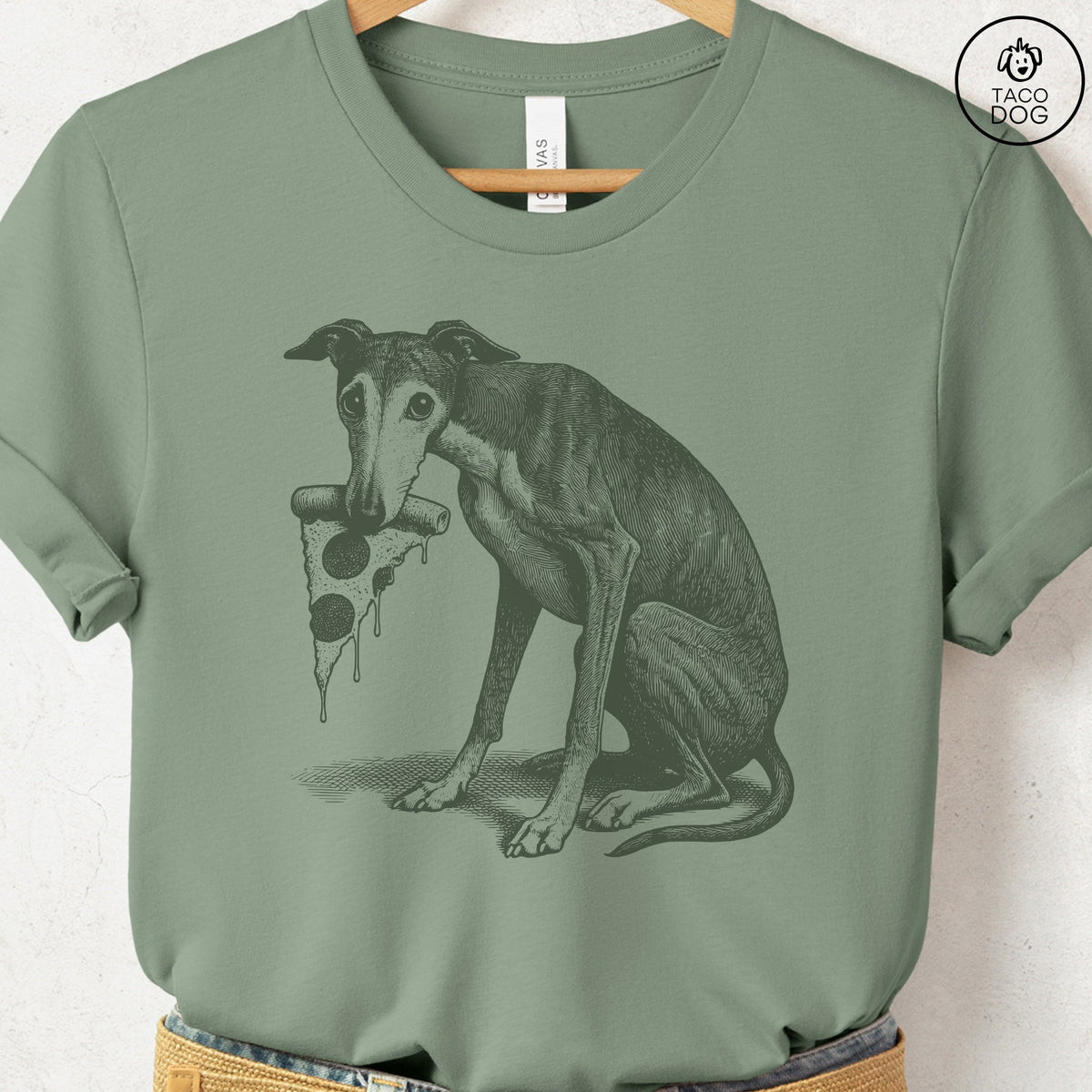 Italian Greyhound Whippet Iggy Pizza TShirt, design close-up