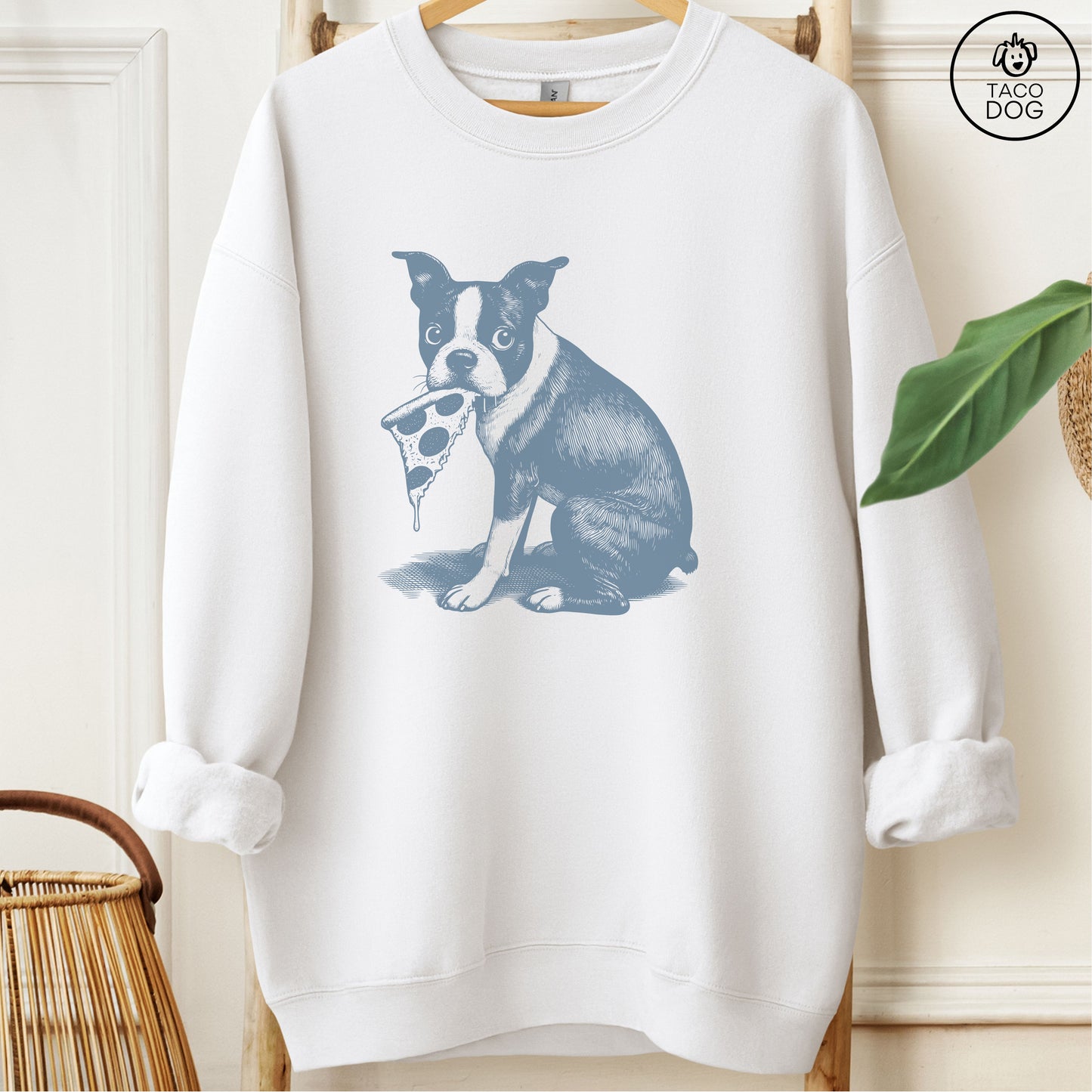 Boston Terrier Pizza Sweatshirt White