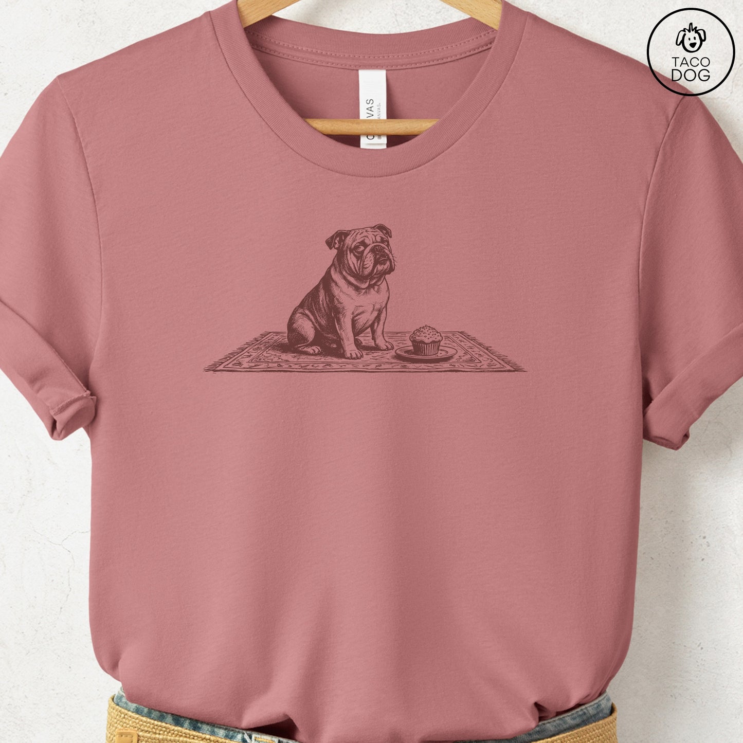 English Bulldog Cupcake TShirt Heather Mauve Taco-Dog