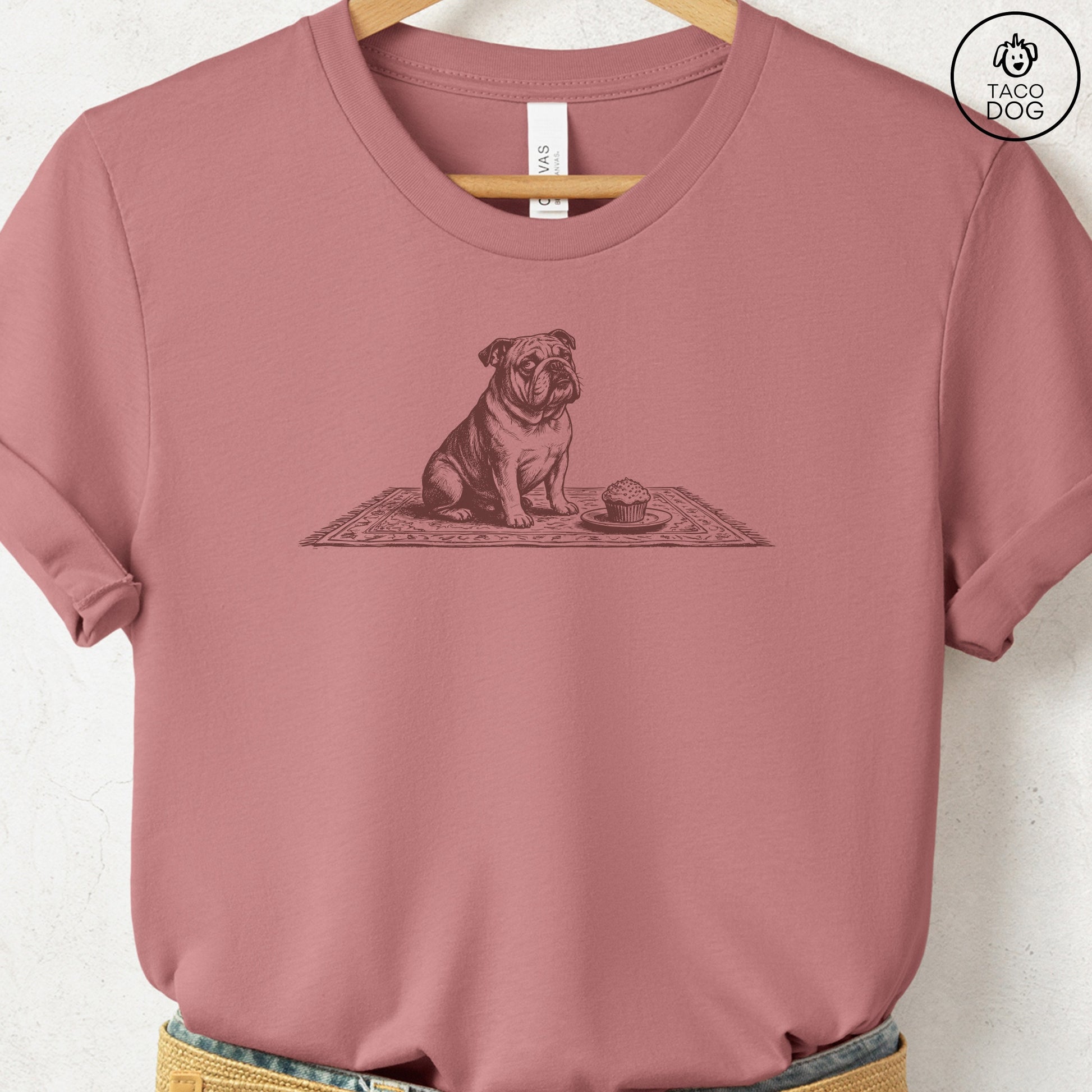 English Bulldog Cupcake TShirt Heather Mauve Taco-Dog