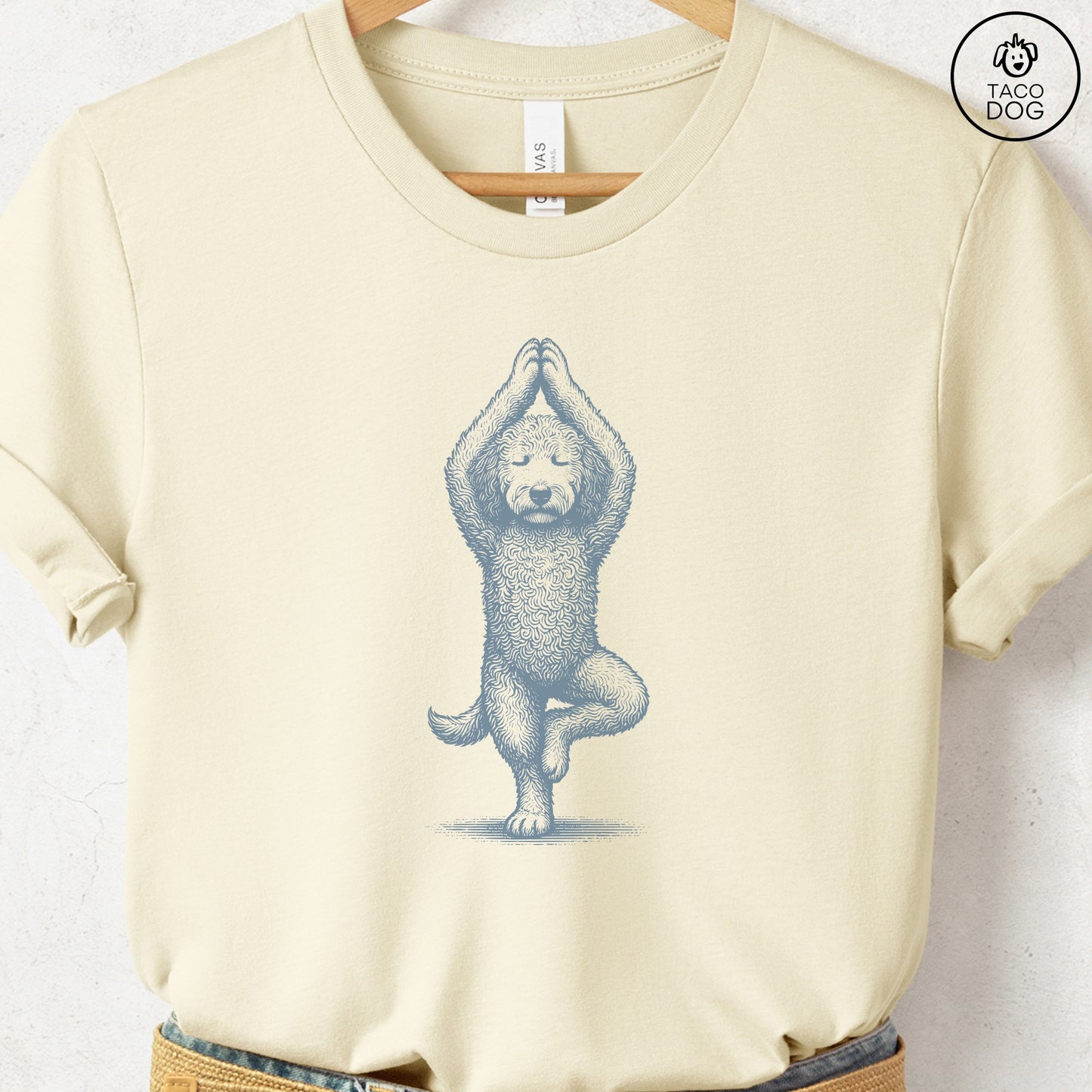 Doodle Tree Pose Yoga T Shirt Natural Taco-Dog