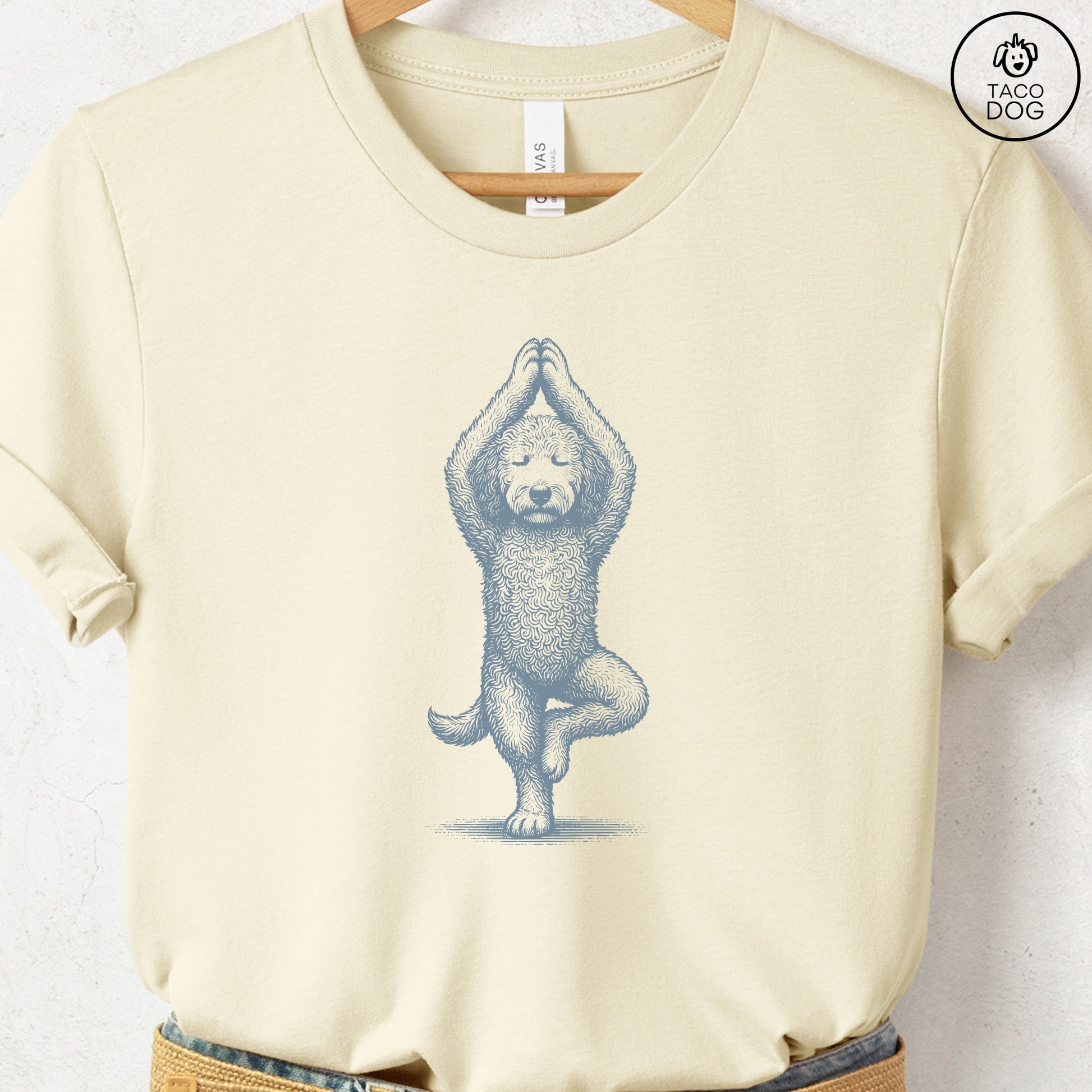 Doodle Tree Pose Yoga T Shirt Natural Taco-Dog