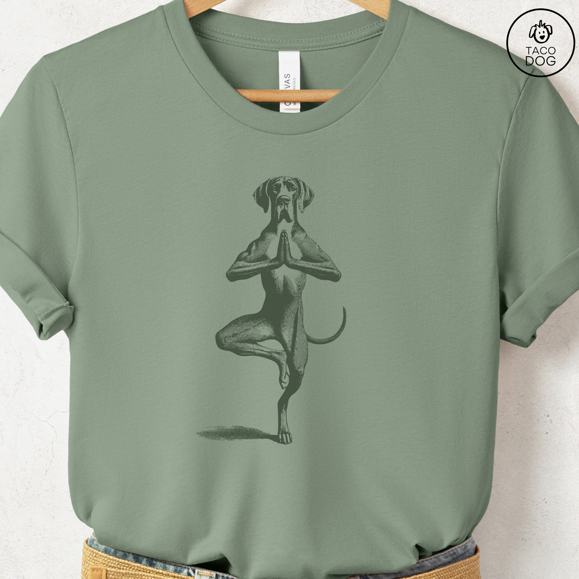 Great Dane Tree Pose Yoga T Shirt Sage Taco-Dog