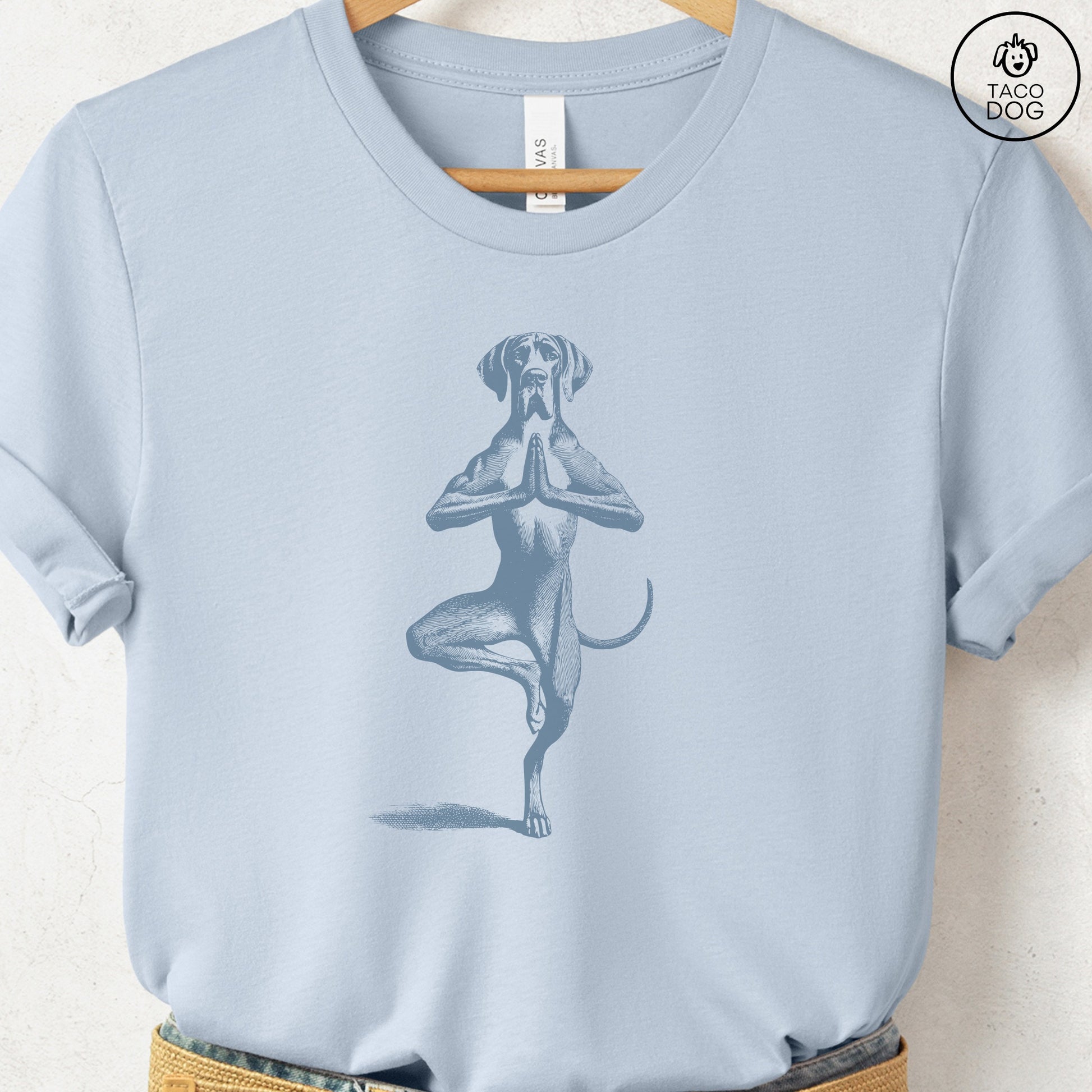Great Dane Tree Pose Yoga T Shirt Light Blue Taco-Dog