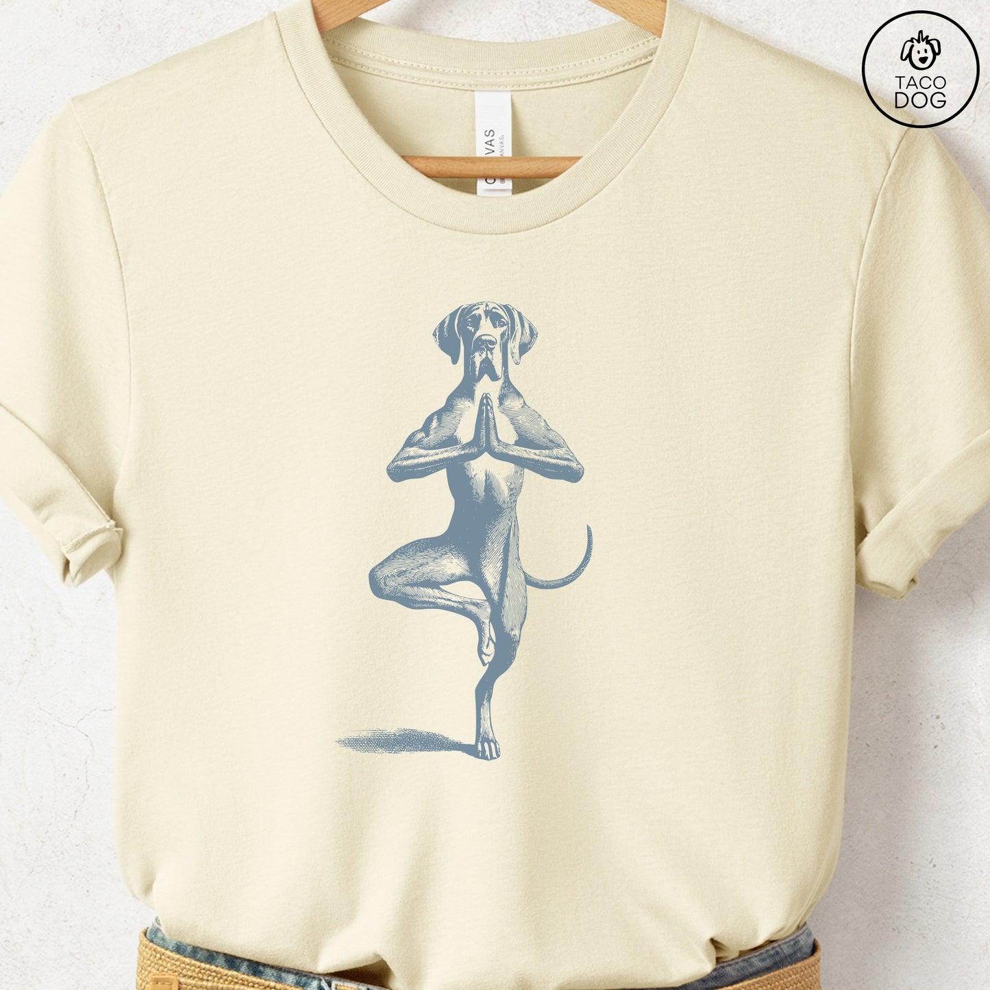 Great Dane Tree Pose Yoga T Shirt Natural Taco-Dog