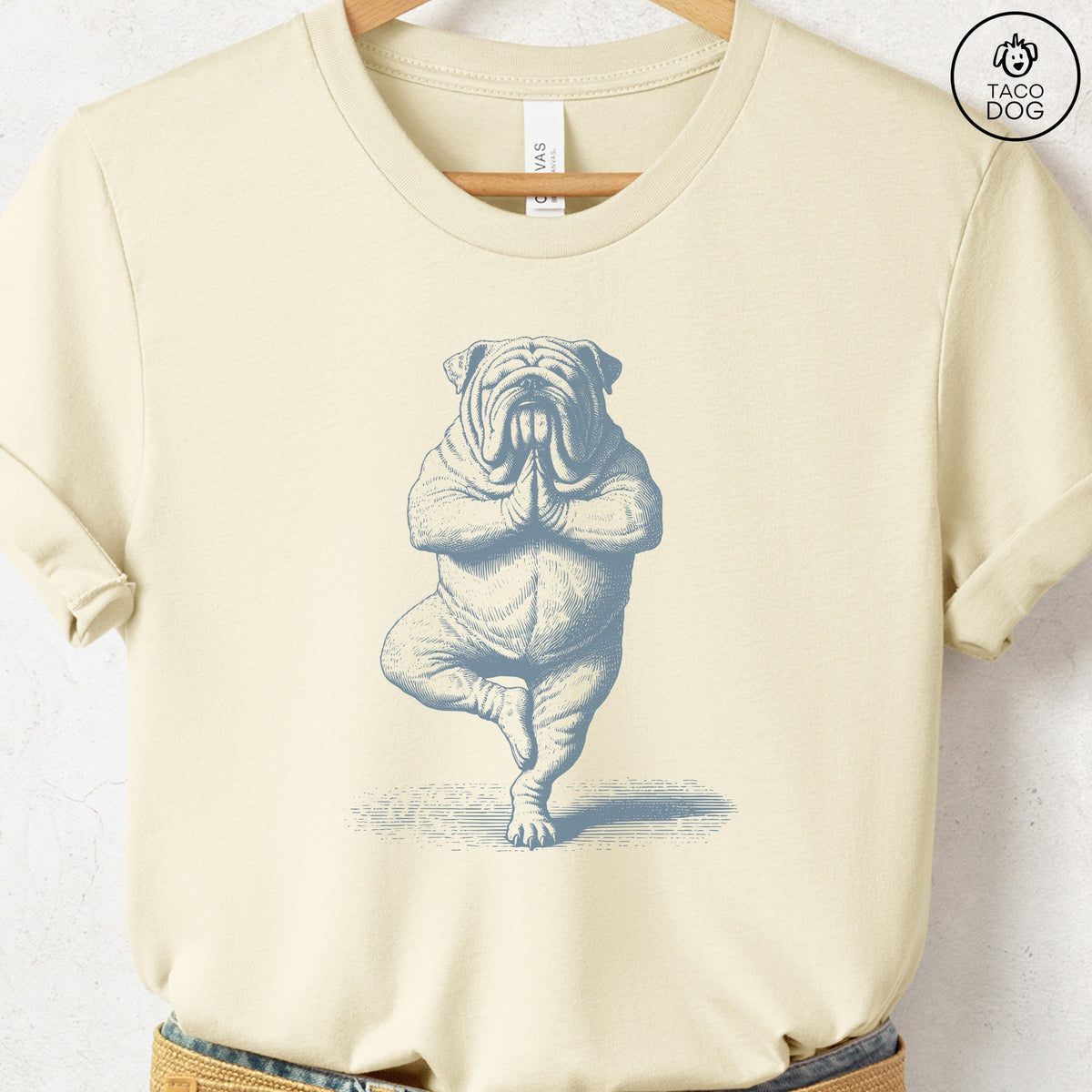English Bulldog Tree Pose Yoga T Shirt, design close-up