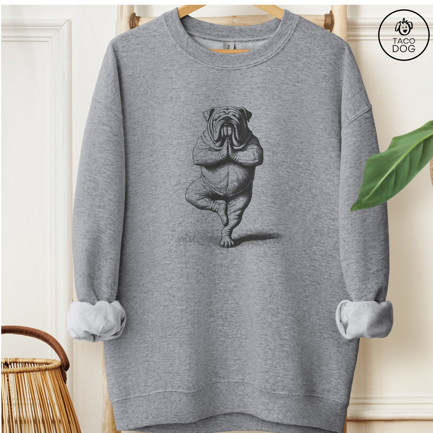 English Bulldog Tree Pose Yoga Dog Sweatshirt Graphite Heather Taco-Dog