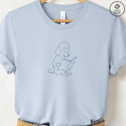 Poodle Reading Book Sketch TShirt Light Blue Taco-Dog