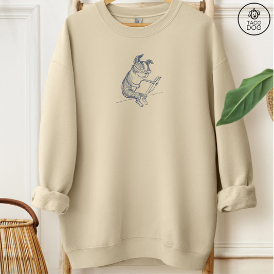 Boston Terrier Reading Book Sketch Sweatshirt Sand Taco-Dog