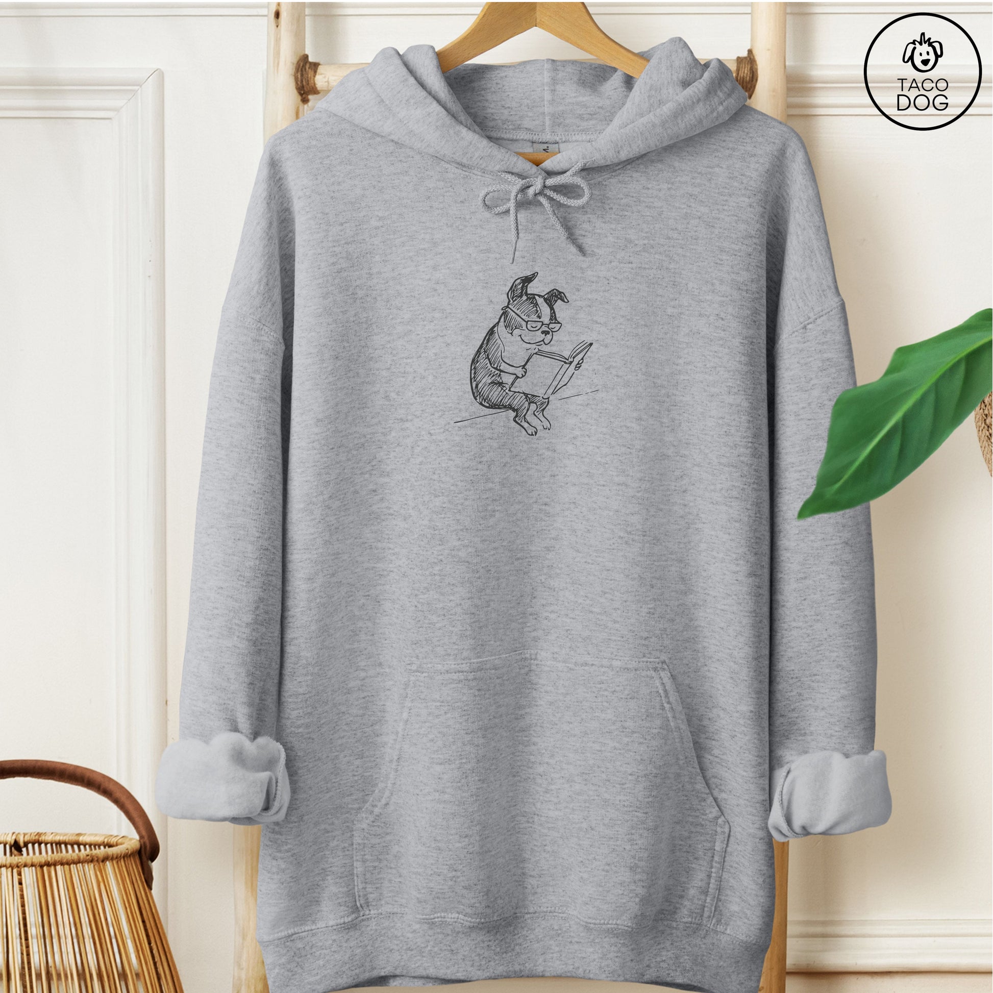 Boston Terrier Reading Book Sketch Hoodie Graphite Heather Taco-Dog