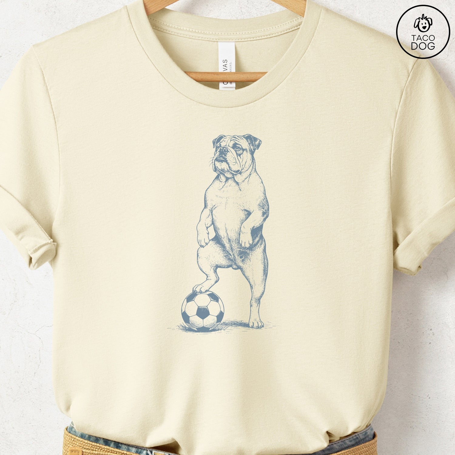 English Bulldog Soccer Football TShirt Natural Taco-Dog
