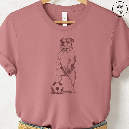 English Bulldog Soccer Football TShirt Heather Mauve Taco-Dog