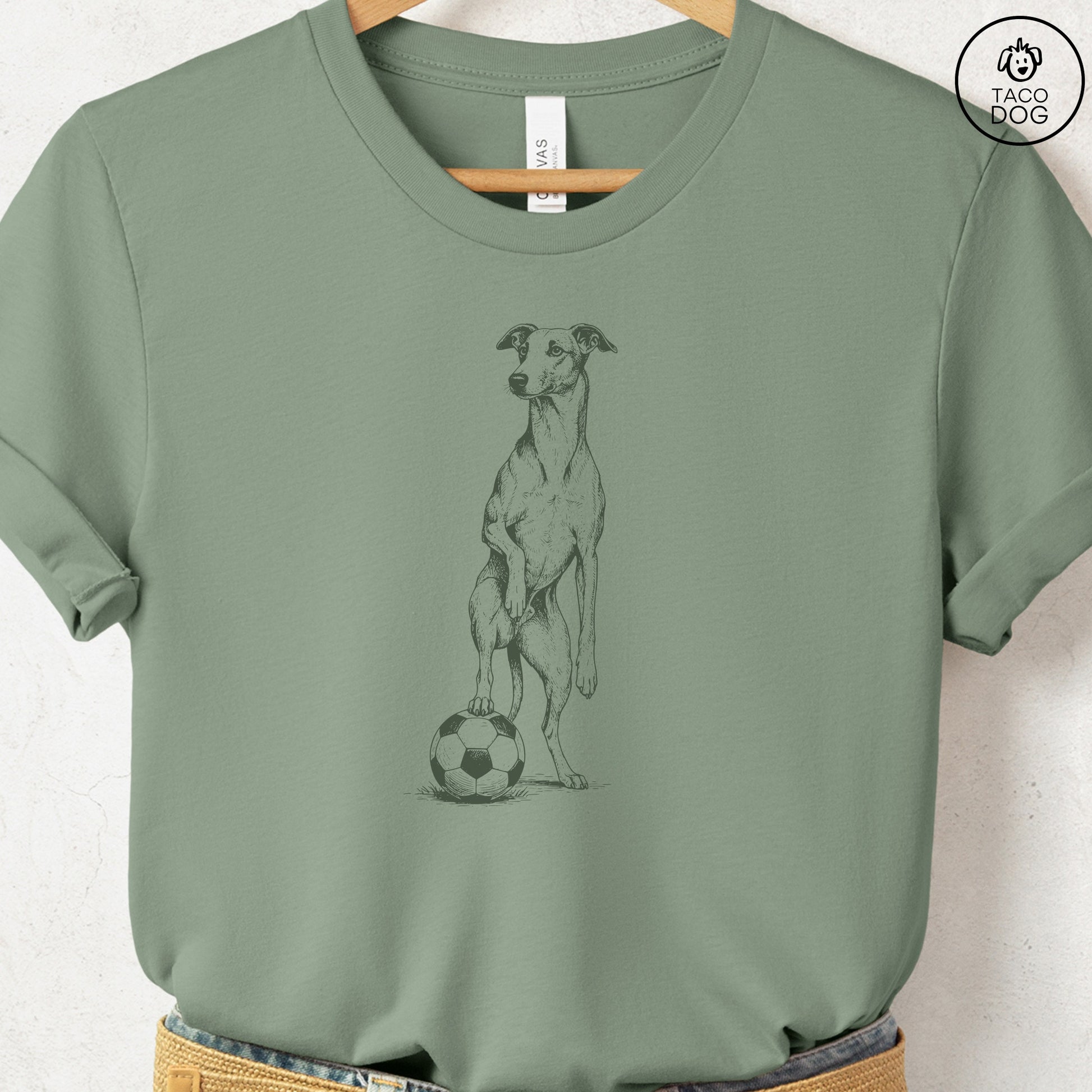 Italian Greyhound Whippet Iggy Soccer Football TShirt Sage Taco-Dog