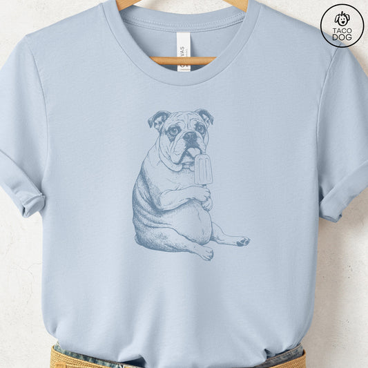English Bulldog Popsicle T-Shirt Light Blue Taco-Dog
