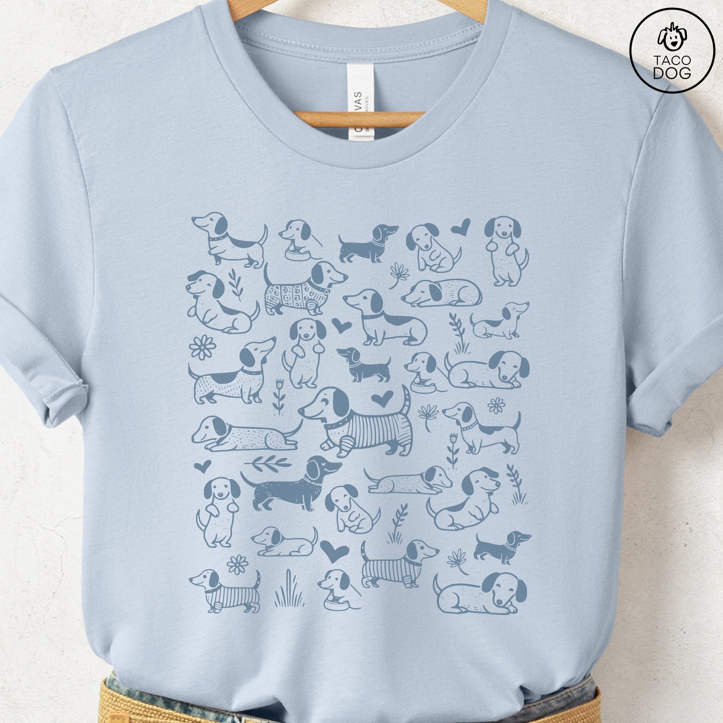 Dachshund Weenie Doodles Cartoon T-Shirt Light Blue Taco-Dog