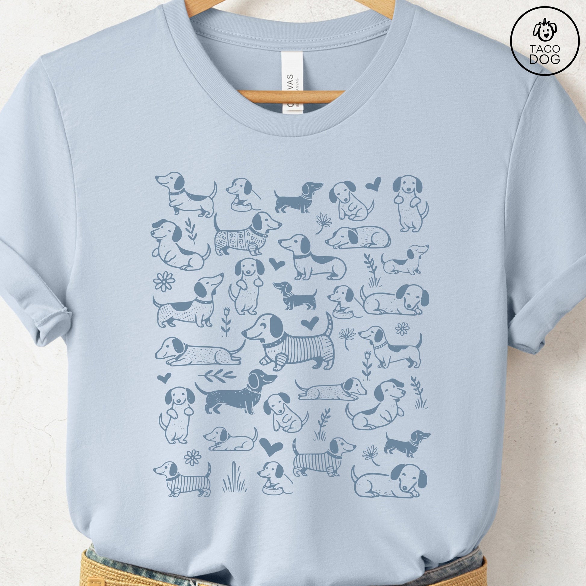 Dachshund Weenie Doodles Cartoon T-Shirt Light Blue Taco-Dog