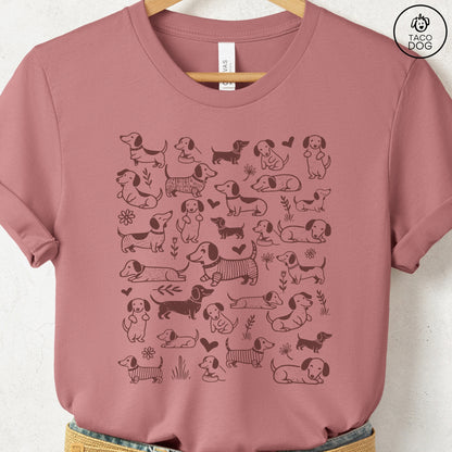 Dachshund Weenie Doodles Cartoon T-Shirt Heather Mauve Taco-Dog