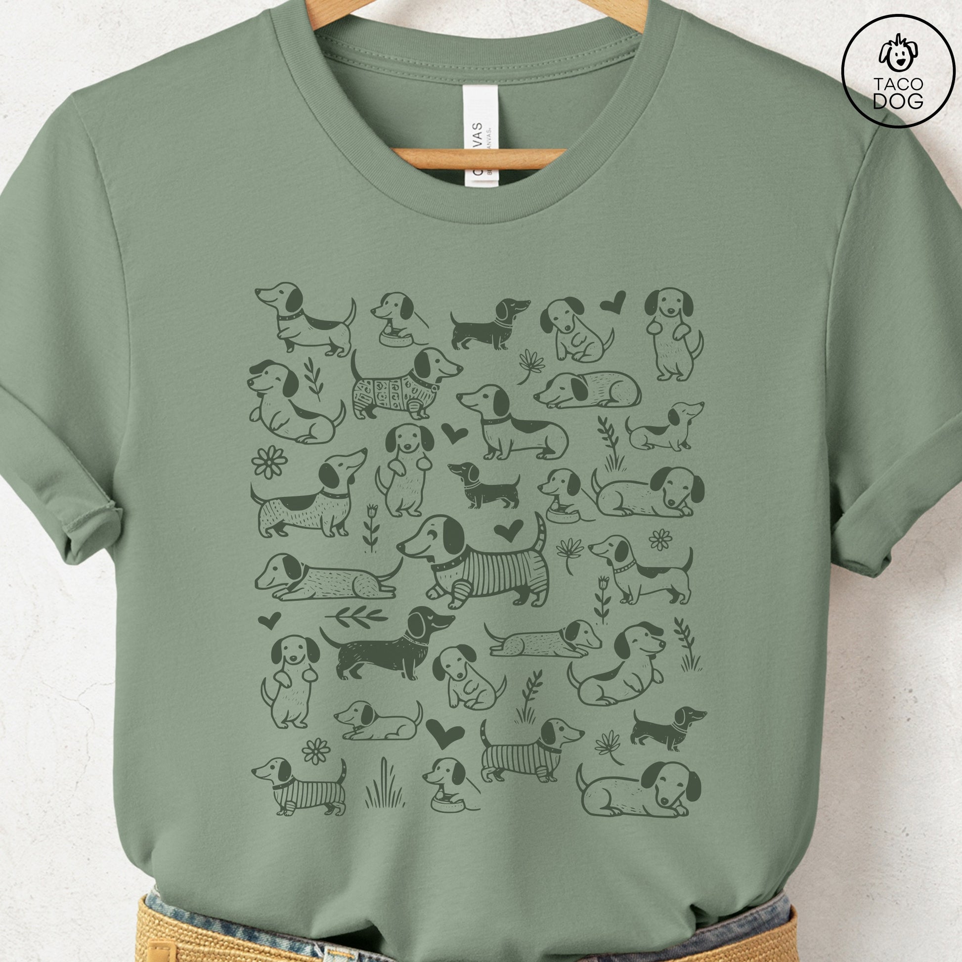 Dachshund Weenie Doodles Cartoon T-Shirt Sage Taco-Dog