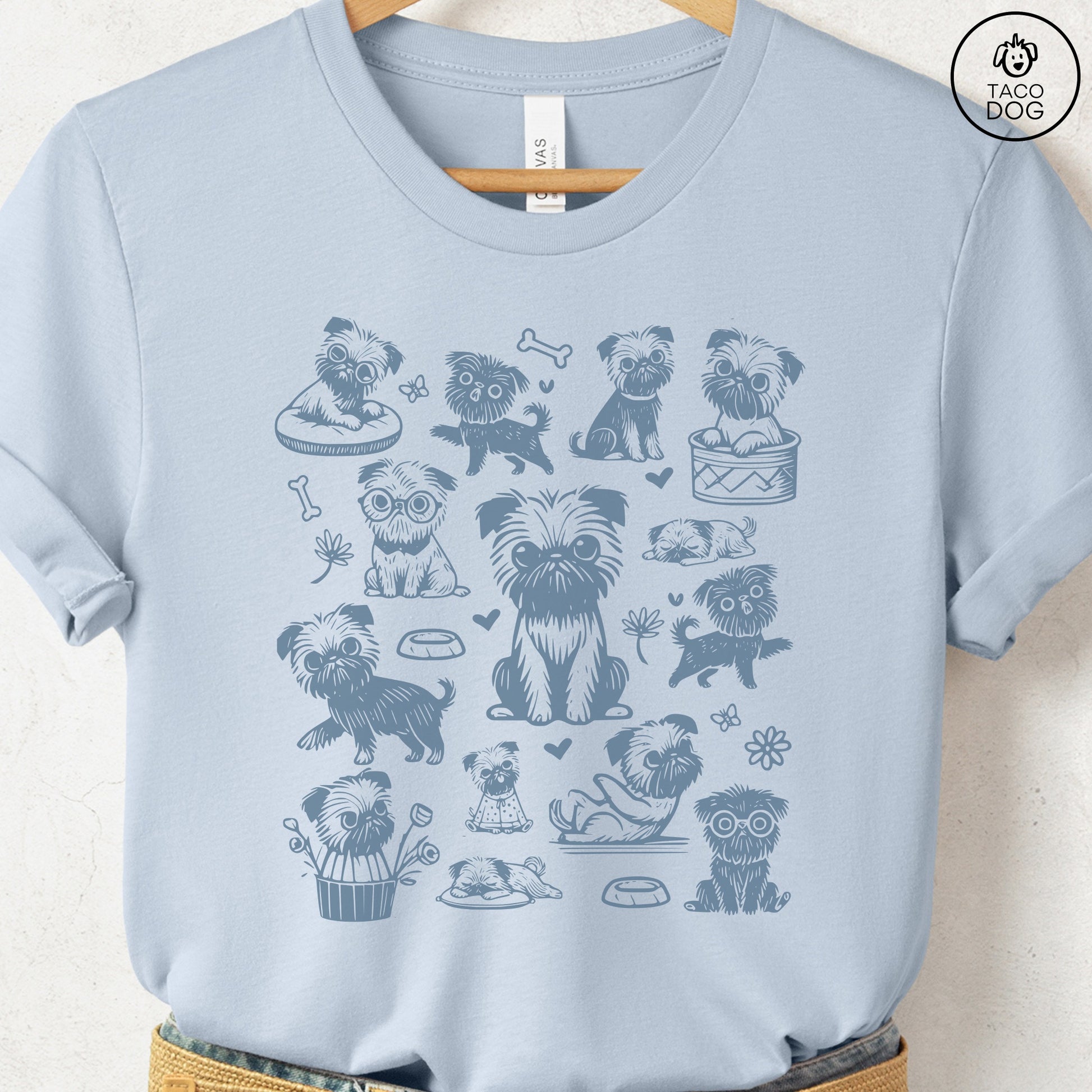 Brussels Griffon Griff Doodles Cartoon T-Shirt Light Blue Taco-Dog
