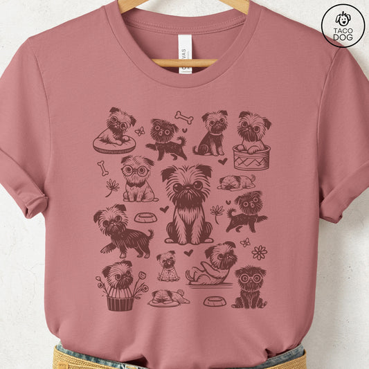 Brussels Griffon Griff Doodles Cartoon T-Shirt Heather Mauve Taco-Dog