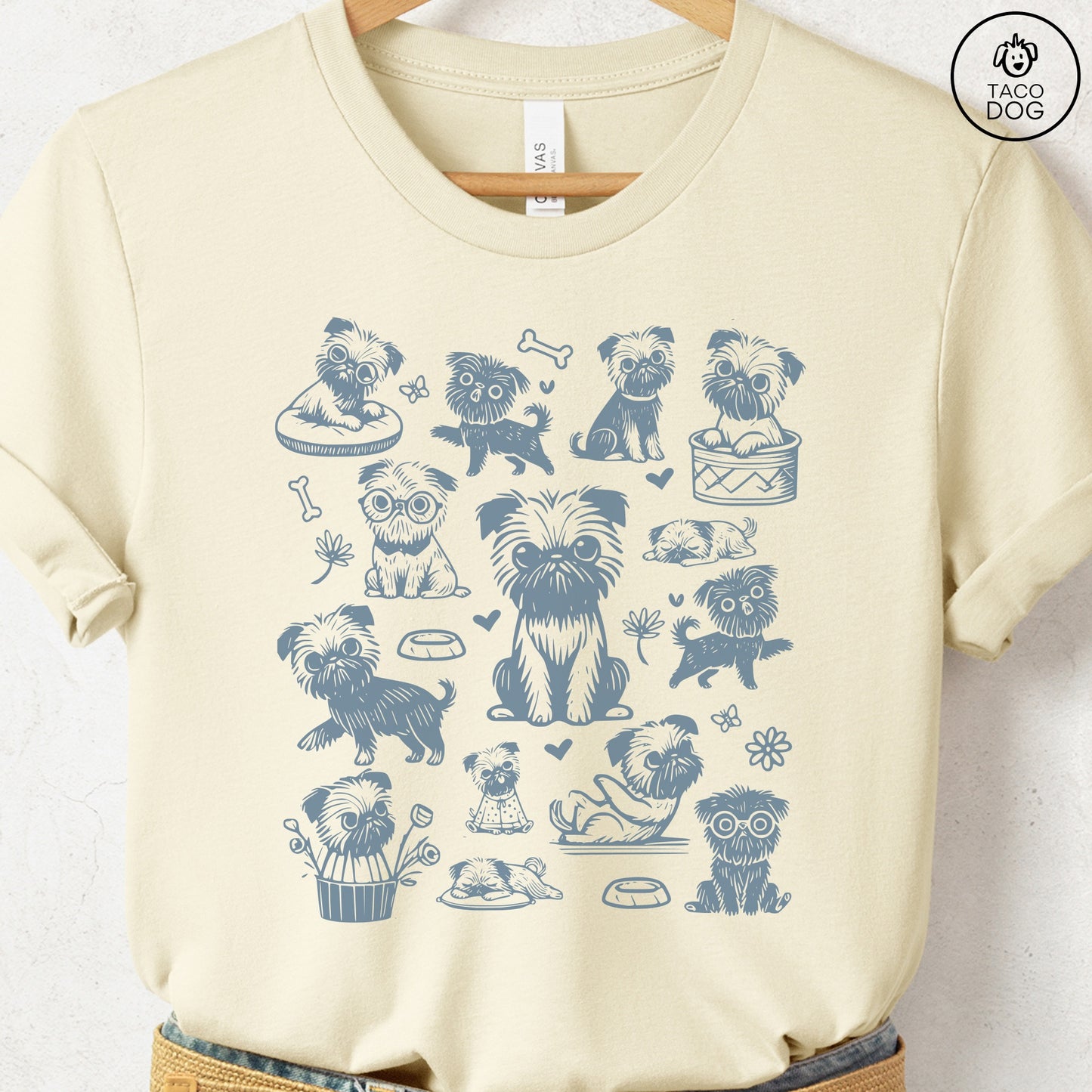 Brussels Griffon Griff Doodles Cartoon T-Shirt Natural Taco-Dog