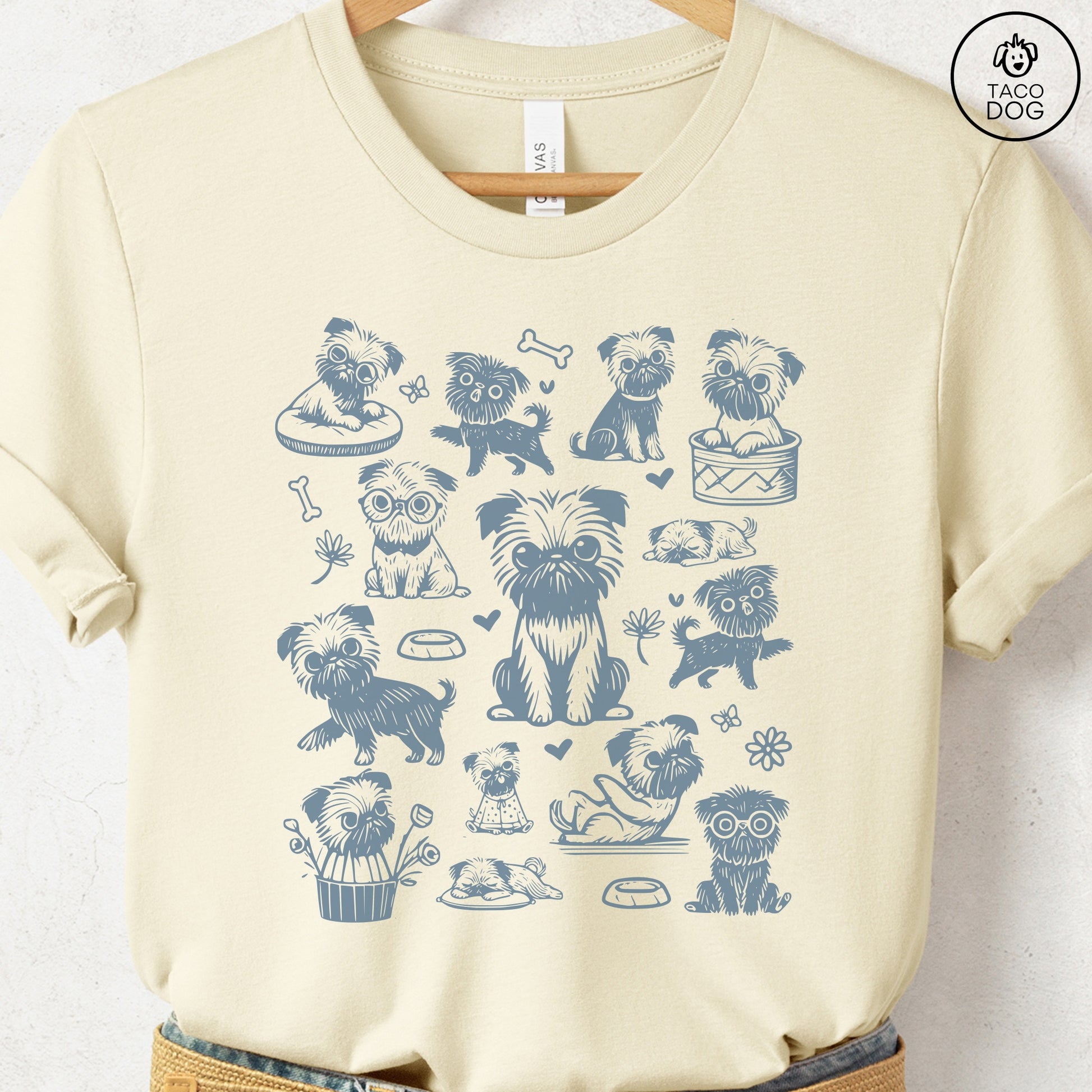 Brussels Griffon Griff Doodles Cartoon T-Shirt Natural Taco-Dog