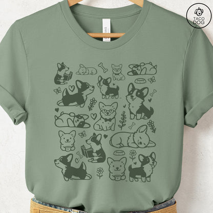 Corgi Doodles Cartoon T-Shirt Sage