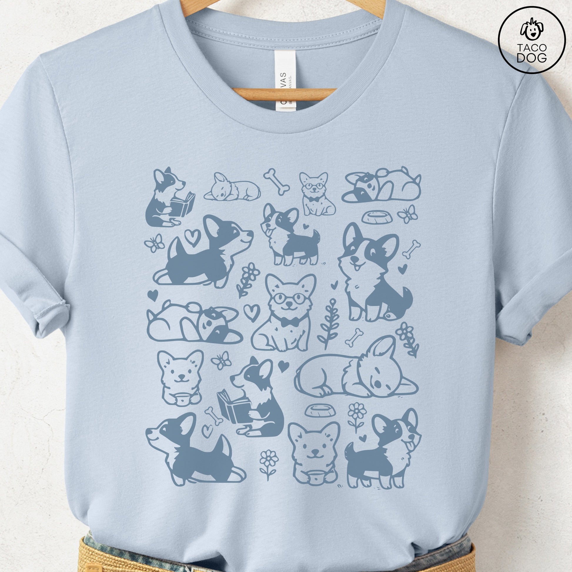 Corgi Doodles Cartoon T-Shirt Light Blue