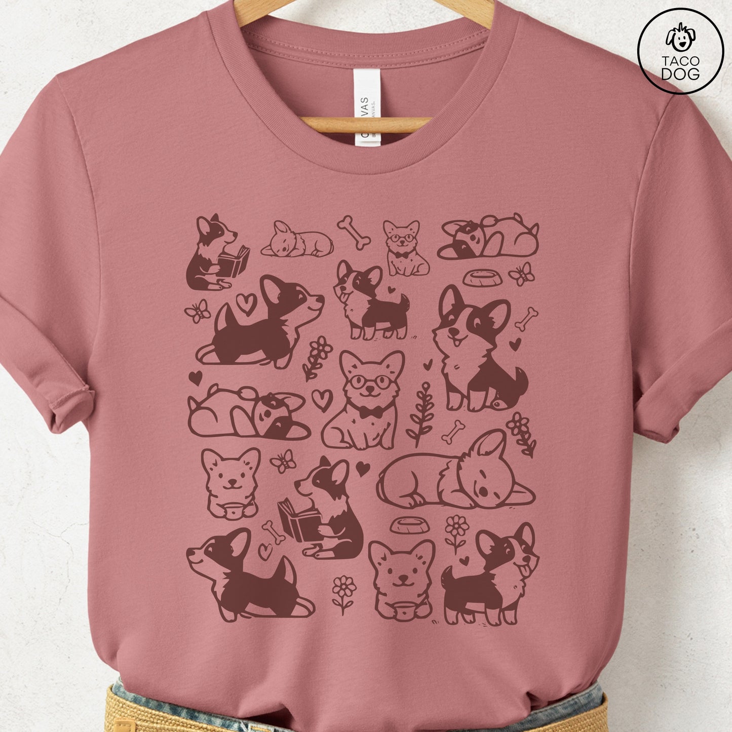 Corgi Doodles Cartoon T-Shirt Heather Mauve