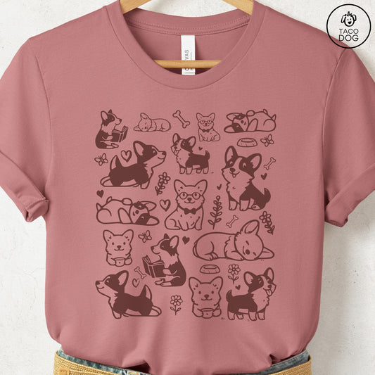 Corgi Doodles Cartoon T-Shirt Heather Mauve Taco-Dog