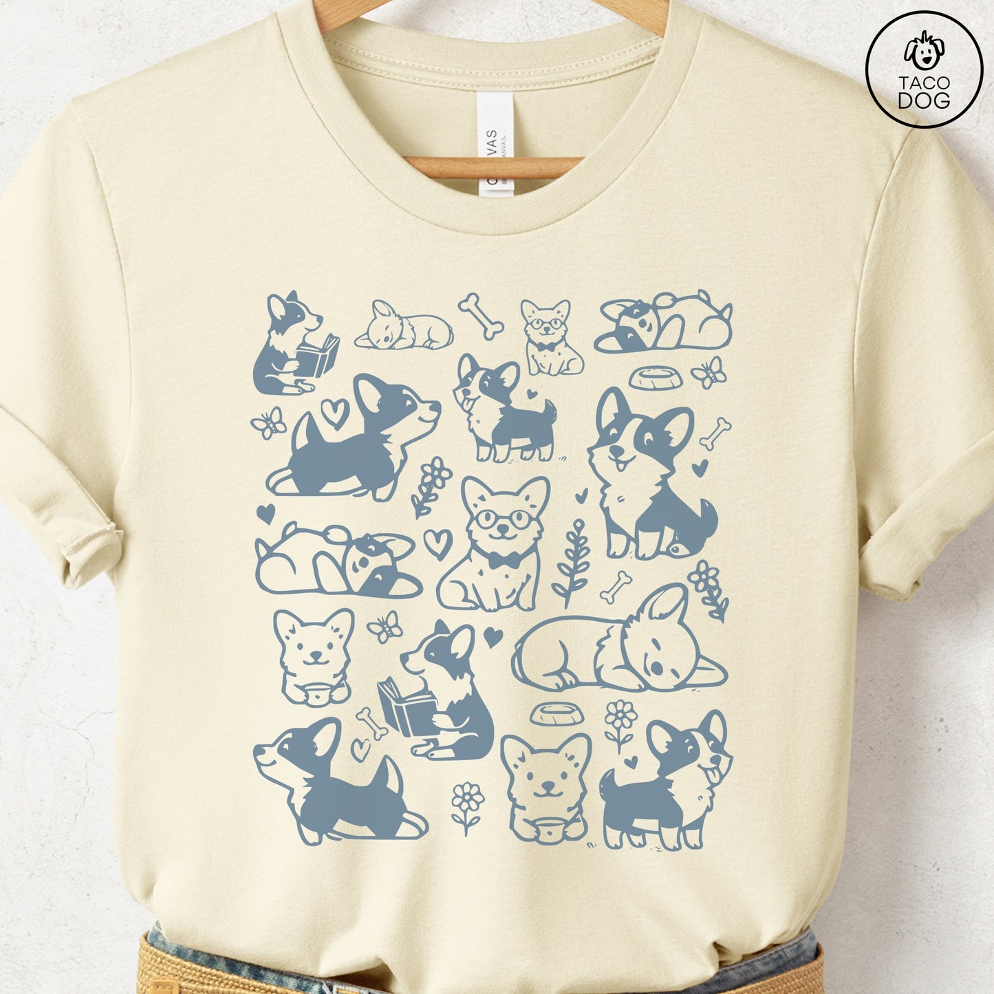 Corgi Doodles Cartoon T-Shirt Natural