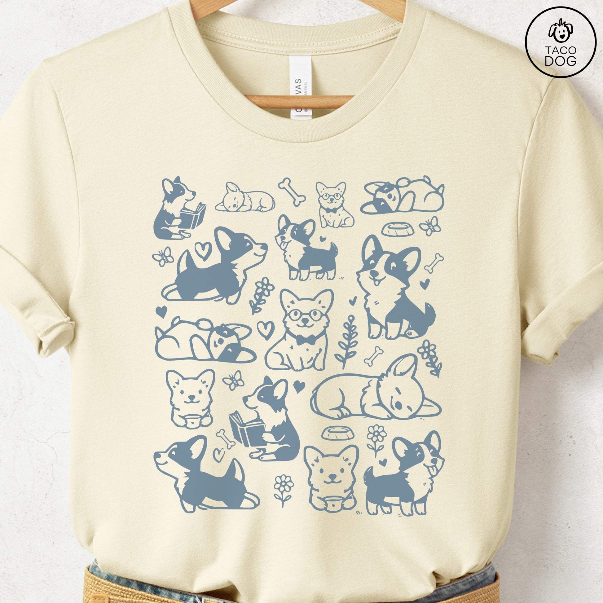 Corgi Doodles Cartoon T-Shirt Natural