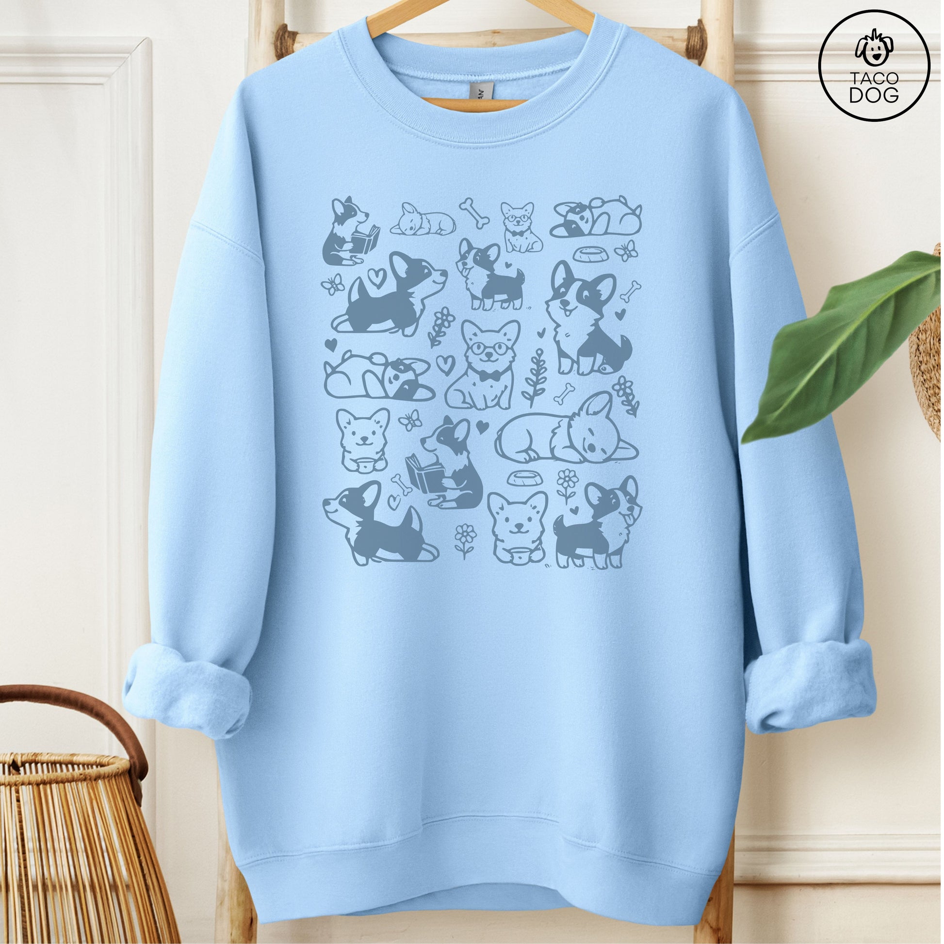 Corgi Doodles Cartoon Sweatshirt Light Blue Taco-Dog