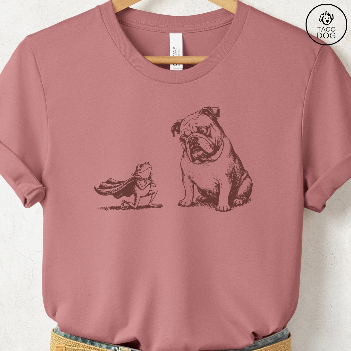 English Bulldog & Frog T-Shirt Heather Mauve Taco-Dog