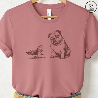 English Bulldog & Frog T-Shirt Heather Mauve Taco-Dog