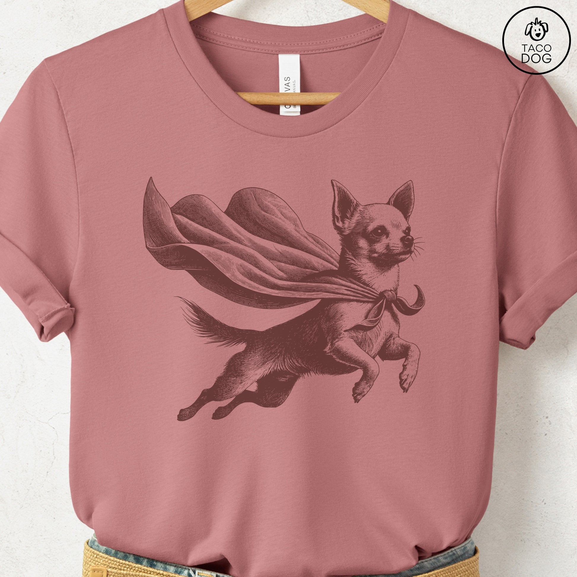 Chihuahua Flying Cape T-Shirt Heather Mauve
