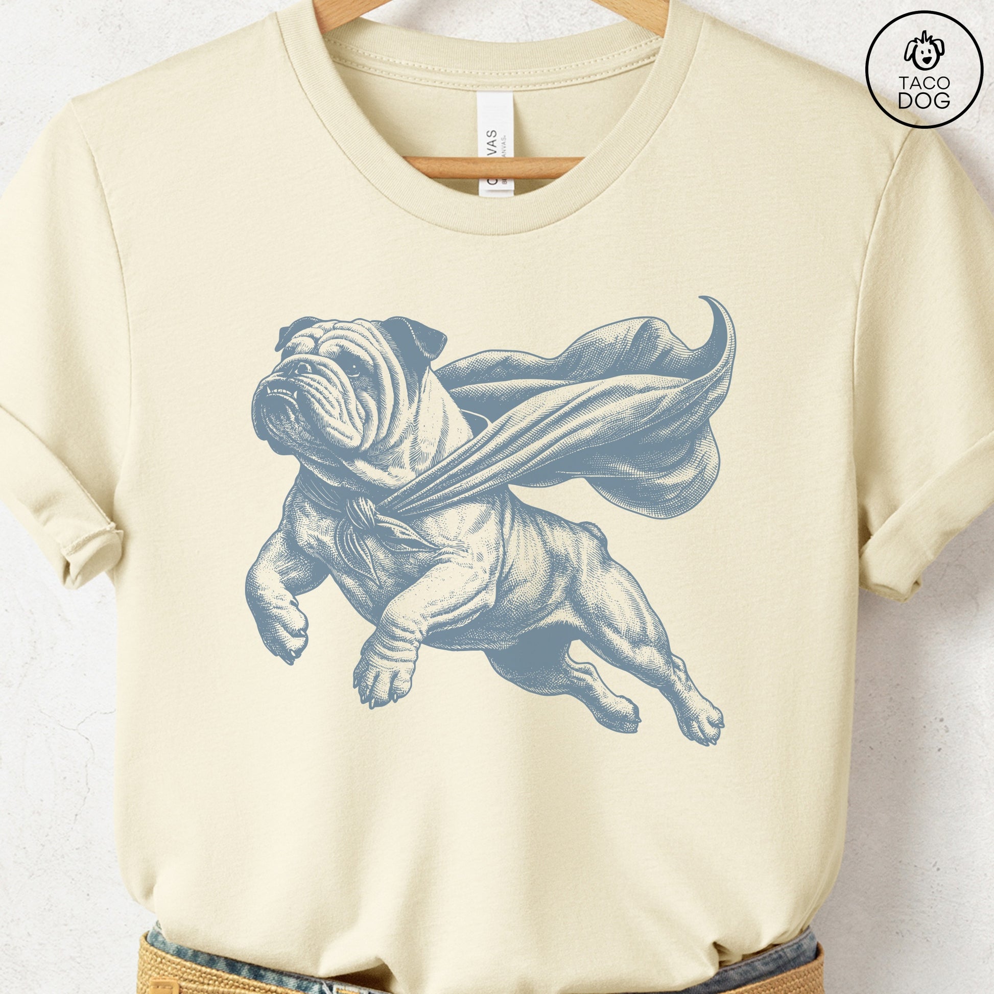 English Bulldog Flying Cape T-Shirt Natural Taco-Dog