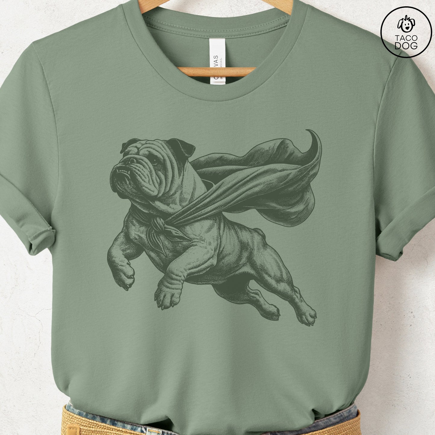 English Bulldog Flying Cape T-Shirt Sage Taco-Dog