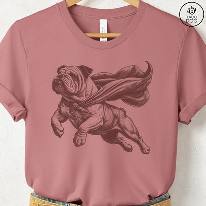 English Bulldog Flying Cape T-Shirt Heather Mauve Taco-Dog