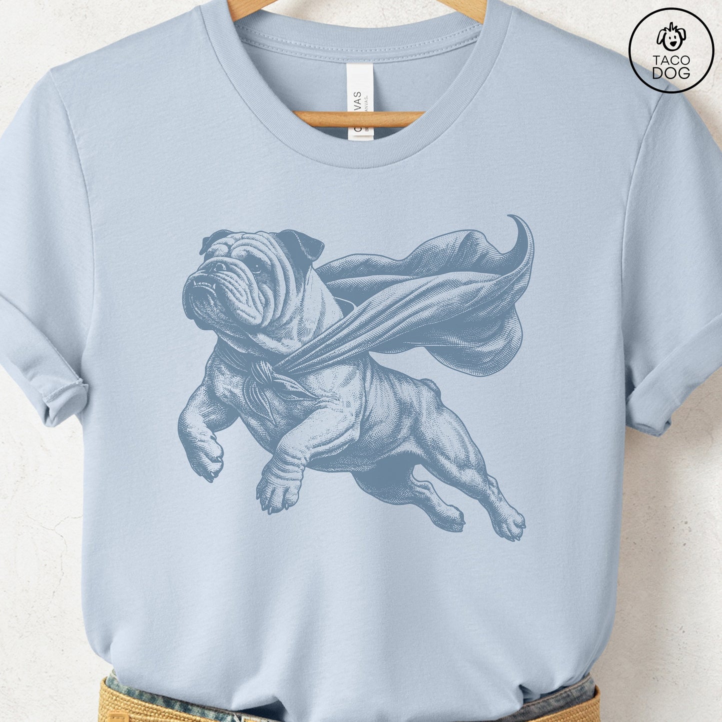 English Bulldog Flying Cape T-Shirt Light Blue Taco-Dog