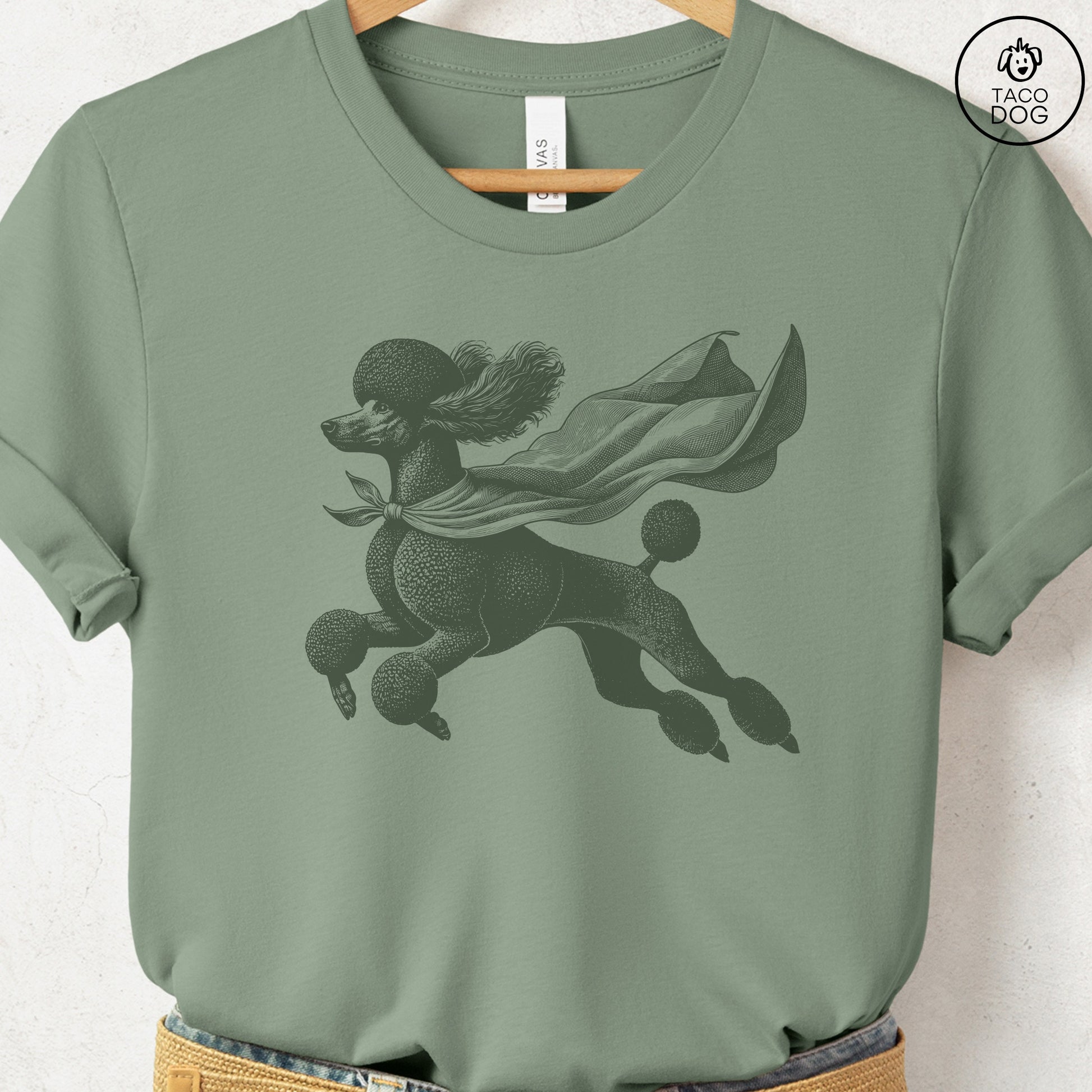 Poodle Flying Cape T-Shirt Sage