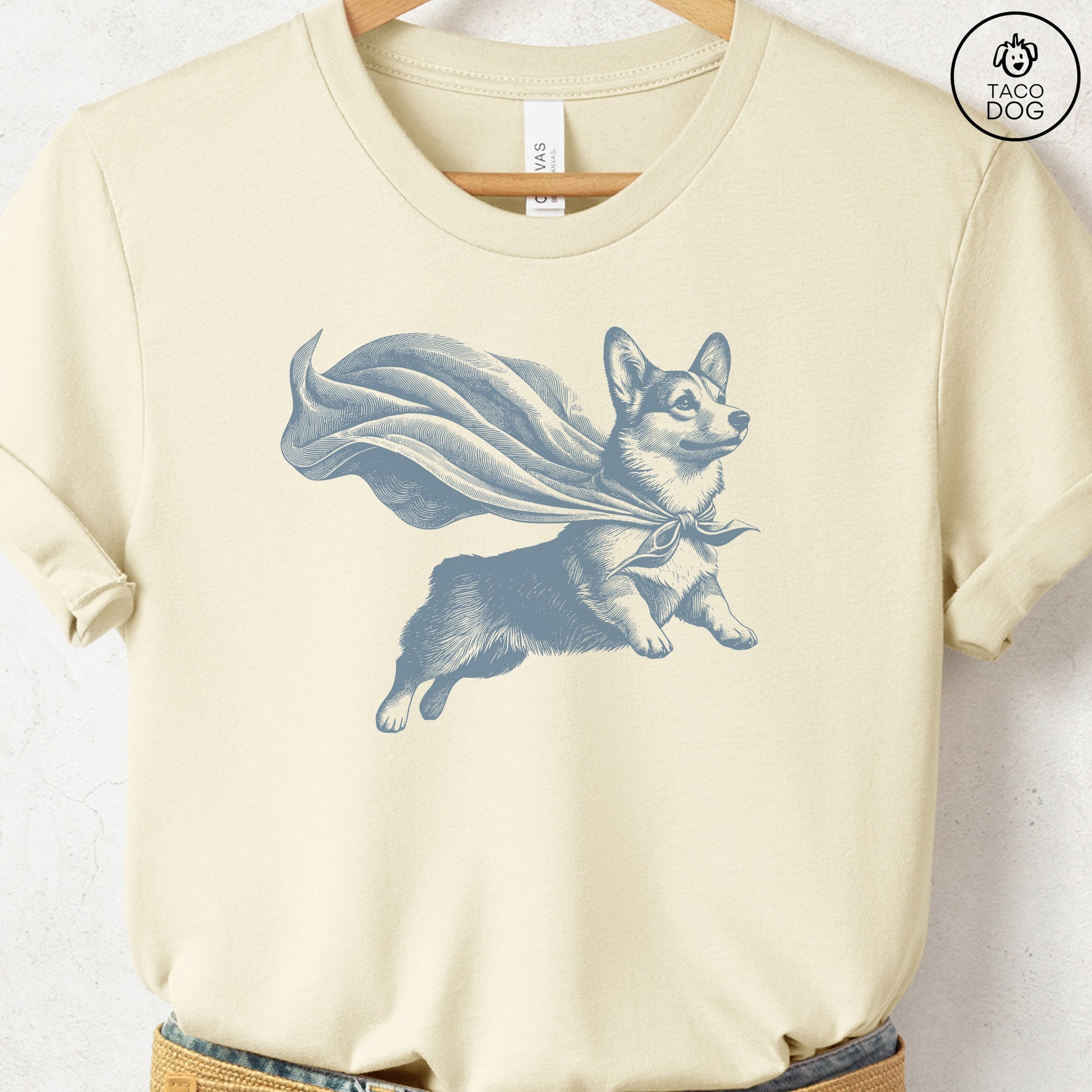 Corgi Flying Cape T-Shirt Natural Taco-Dog